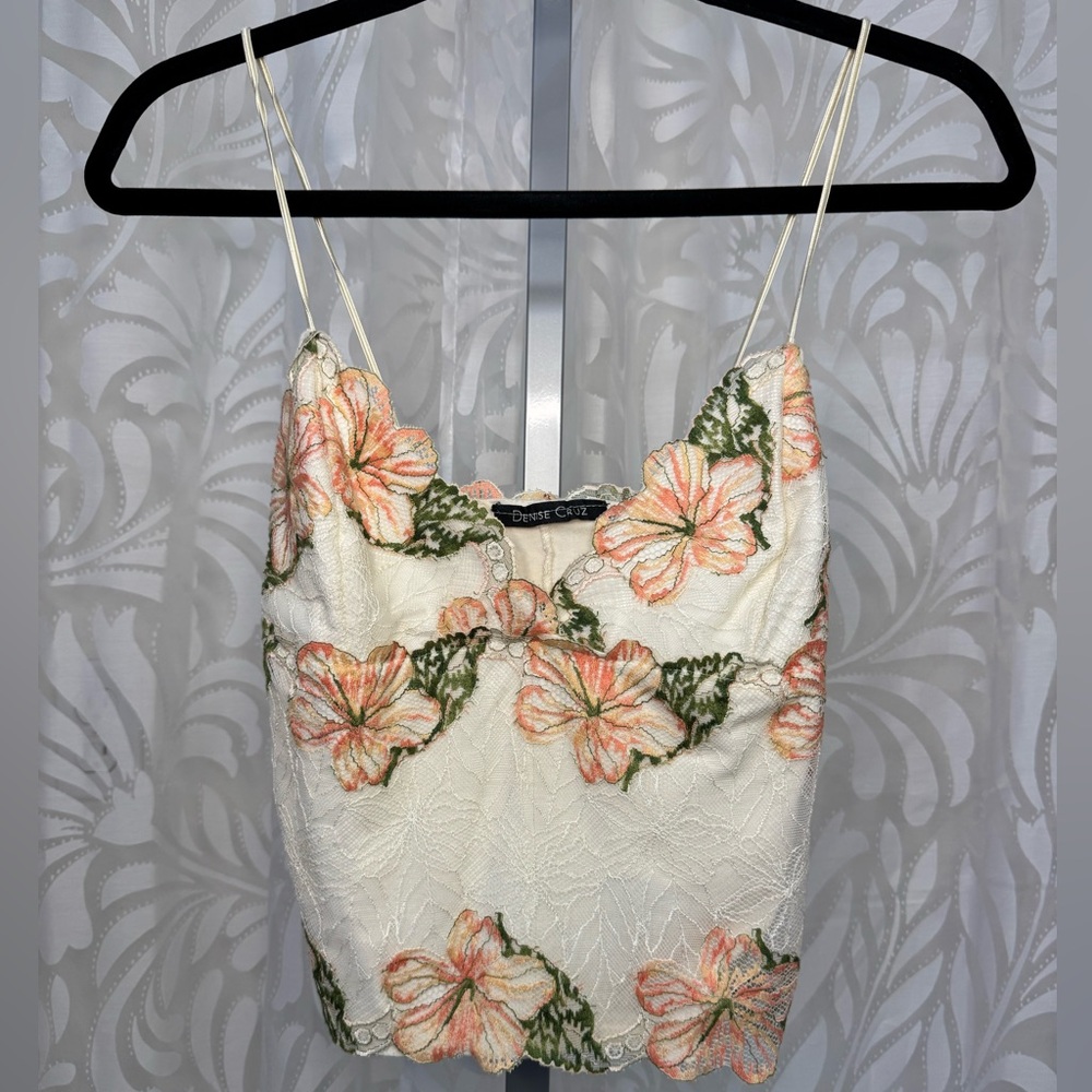 Cami Tank Bralette Soft Cotton Lined Lace with Cream with Floral Pattern - Picture 3 of 10